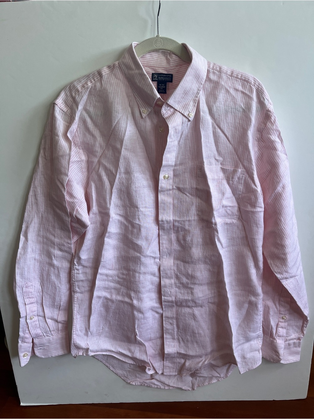 NWT Lands’ End Pink Striped Button-Down Irish Linen Shirt Sz 16-34